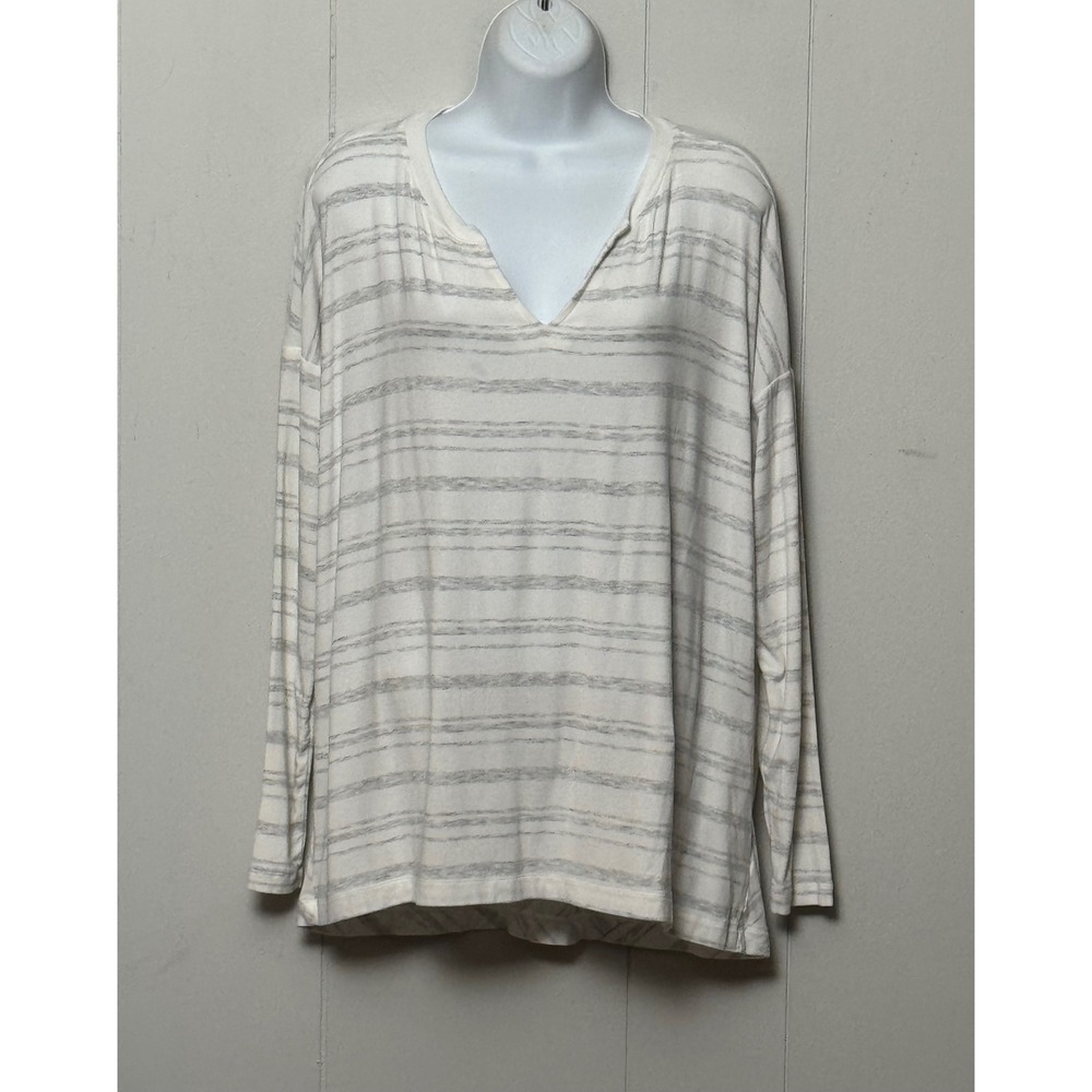 Cabi Striped Split V-Neck Long Sleeve Knit Top White Heather Gray Size Small